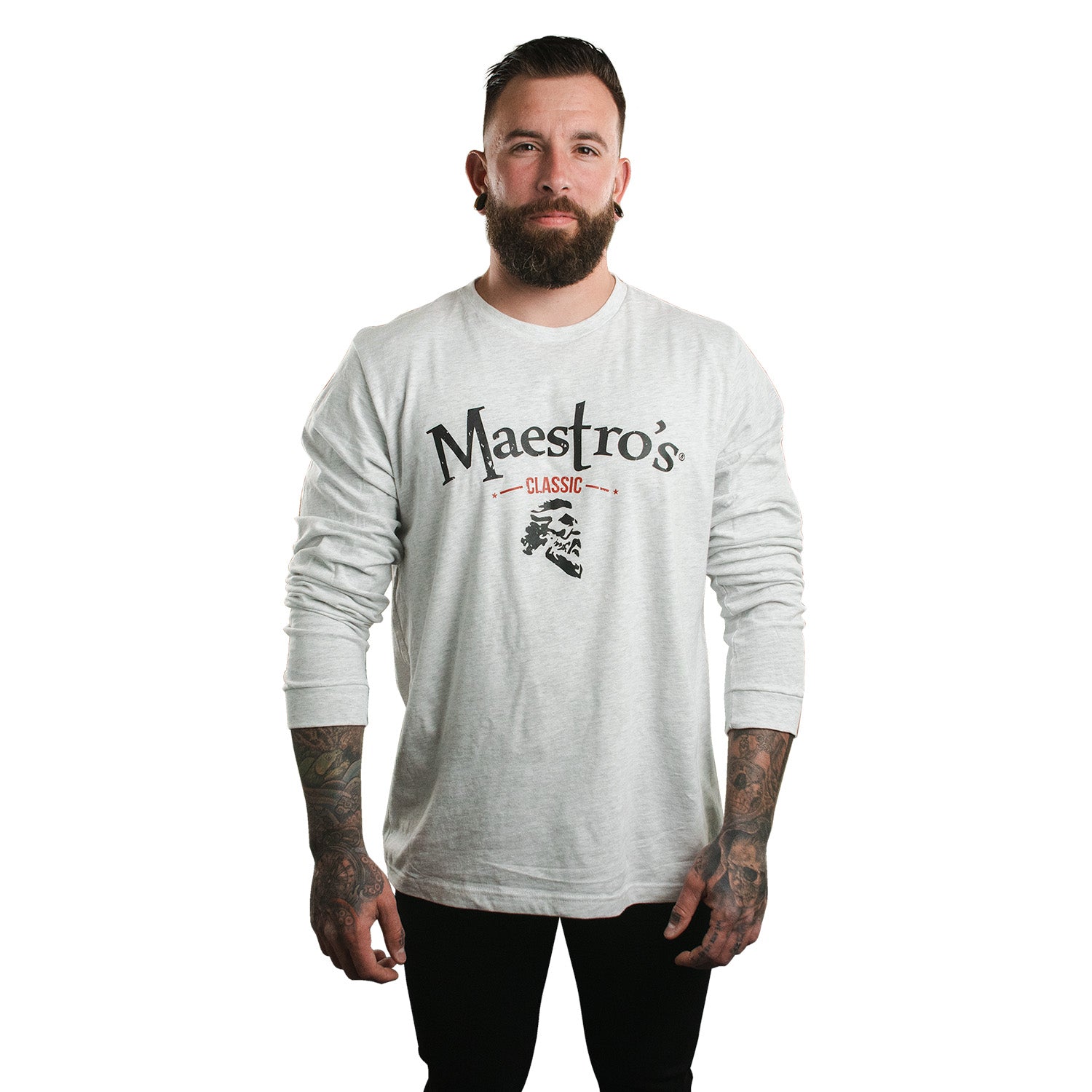 NEW Maestro's Classic Light Gray Long Sleeve Tee - Black & Red Logo - Maestro's Classic